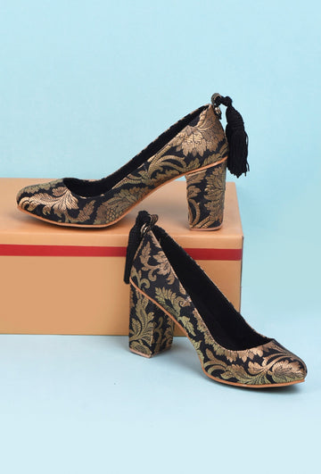 Elegant Black Brocade Block Heel Sandals for Women
